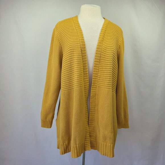 Marled Waffle Knit Open Front Cardigan Mustard Yellow Size 1X - Picture 3 of 12